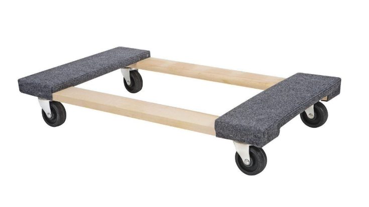 Low-profile wooden furniture dolly with carpeted rails