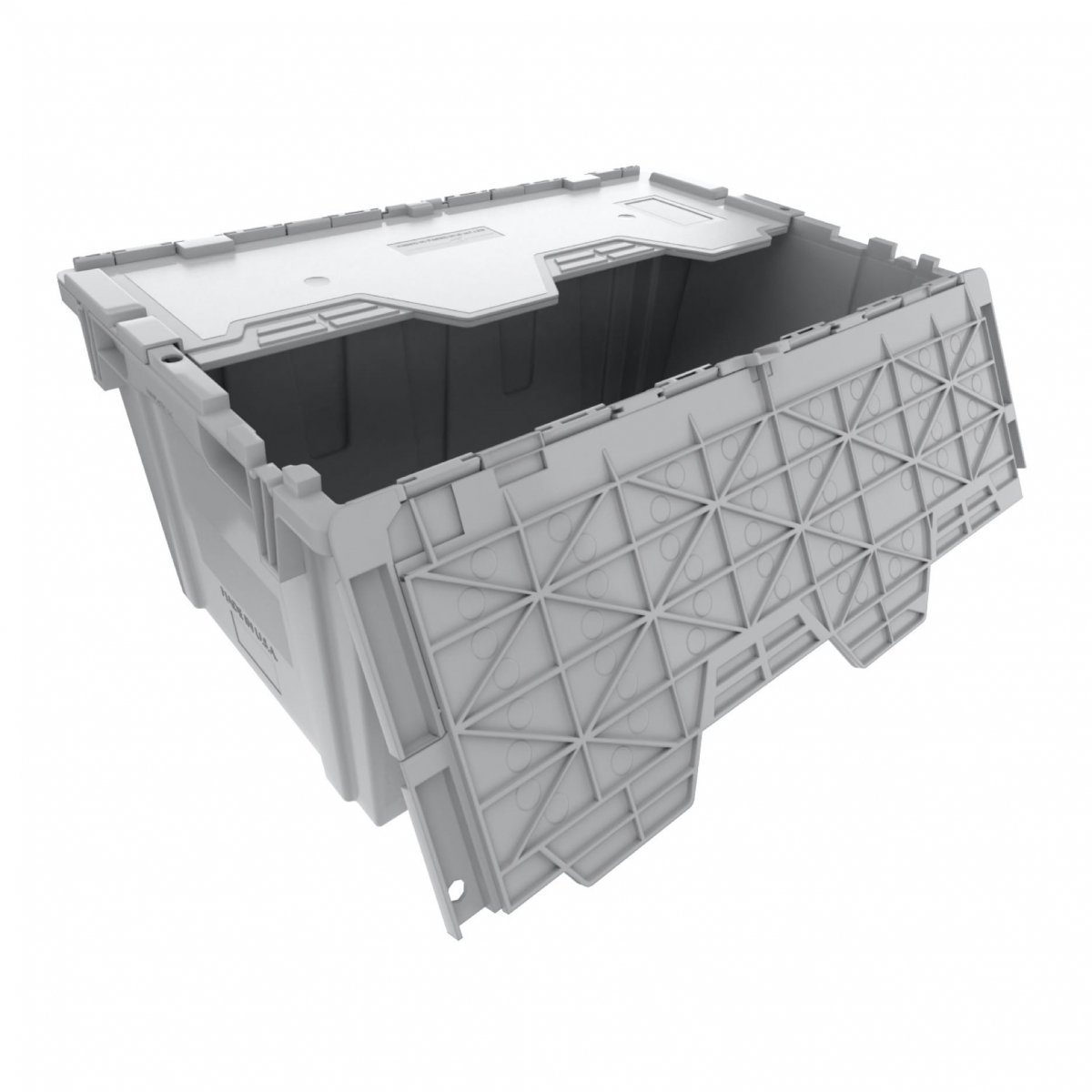 Gray collapsible ReadyBin tote with attached center-opening lids
